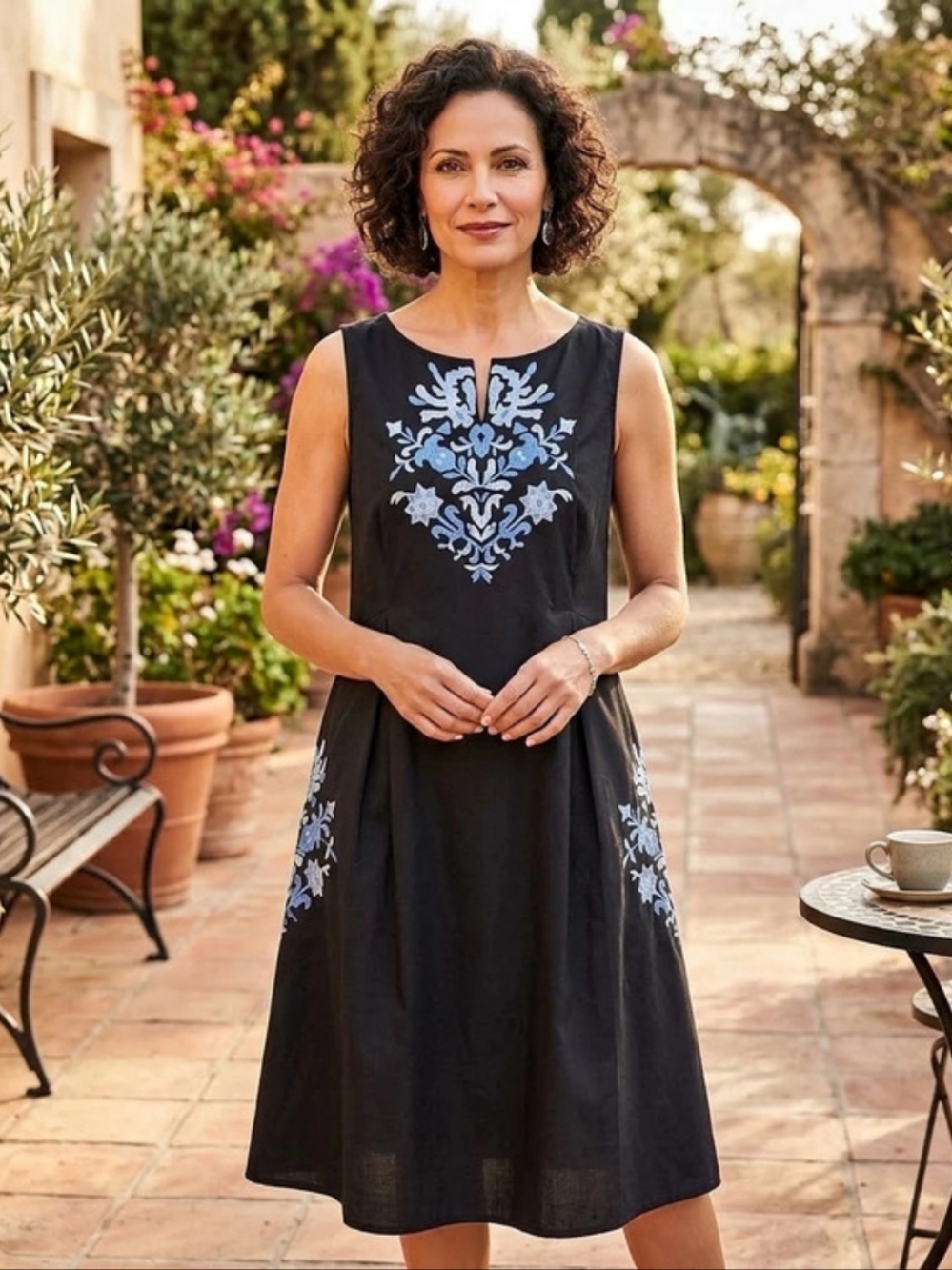 eShakti Wayward Fancies Black Embroidered Sleeveless Midi Dress w/ Pockets XL 16